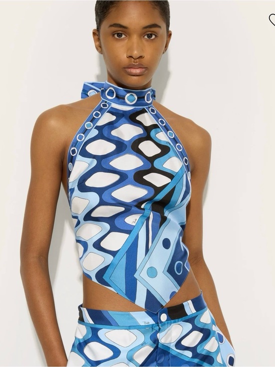 Emilio Pucci Tops - Emilio Pucci Blue and White Geometric Silk Halter Top